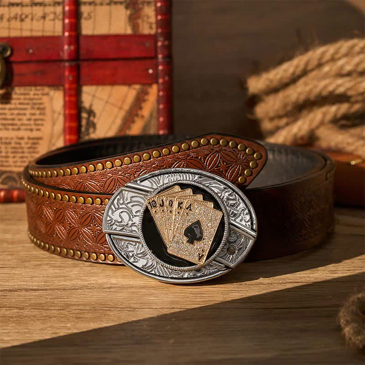 Cowboy Shiny Royal Flush DIY Hidden Folding Knife Buckle Leather Belt - Gold Royal Flush - Brown Rivet Belt - 42 - image 4