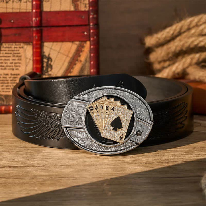 Cowboy Shiny Royal Flush DIY Hidden Folding Knife Buckle Leather Belt - Gold Royal Flush - Black Embossed Eagle Belt - 42 - image 2