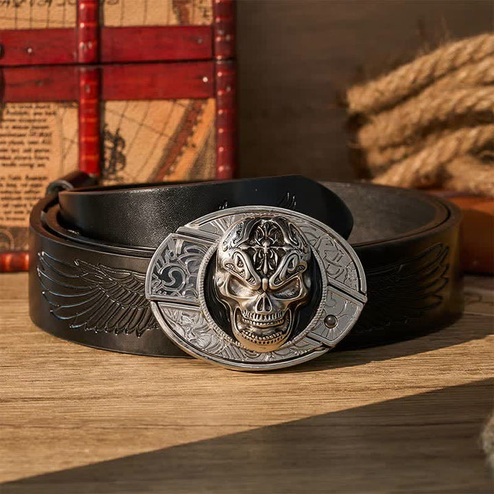 Gothic Baroque Skull DIY Hidden Folding Knife Buckle Leather Belt - Baroque Skull - Black Embossed Eagle Belt - 42 - image 2