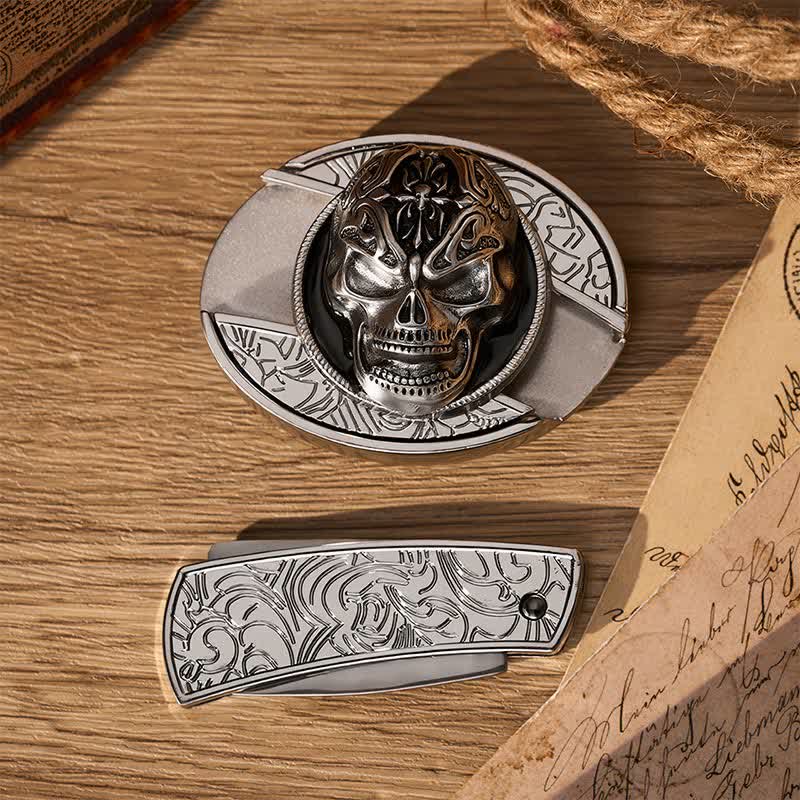 Gothic Baroque Skull DIY Hidden Folding Knife Buckle Leather Belt - image 9