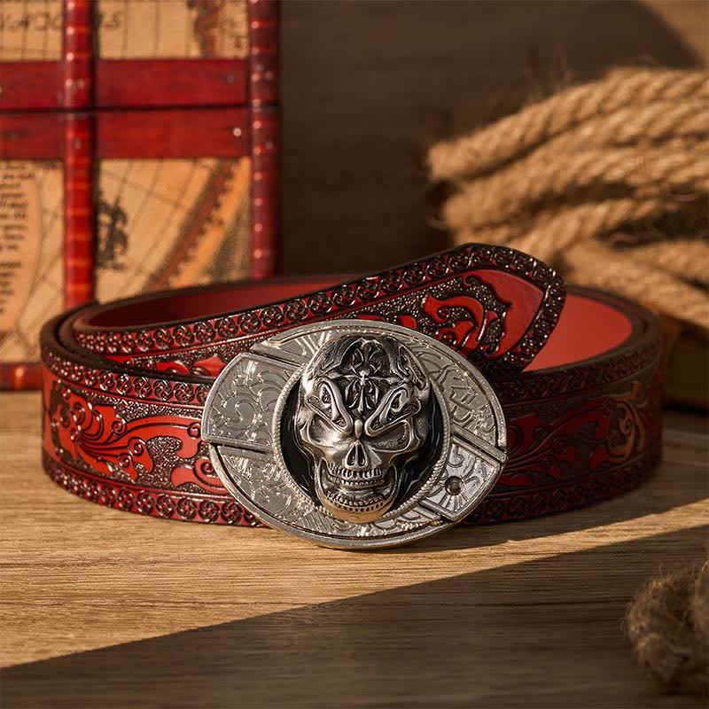 Gothic Baroque Skull DIY Hidden Folding Knife Buckle Leather Belt - Baroque Skull - Brown Carved Belt - 42 - image 6