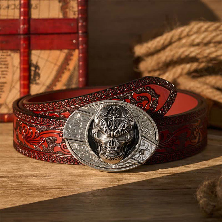 Gothic Baroque Skull DIY Hidden Folding Knife Buckle Leather Belt - Baroque Skull - Brown Carved Belt - 42 - image 6