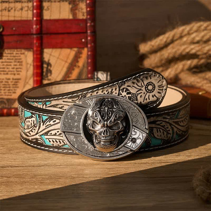 Gothic Baroque Skull DIY Hidden Folding Knife Buckle Leather Belt - Baroque Skull - Gray Floral Belt - 42 - image 8