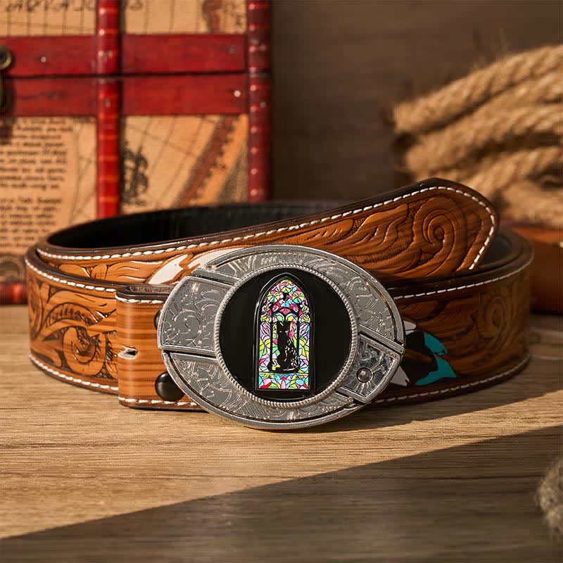 Cute Colored Window Black Cat DIY Hidden Folding Knife Buckle Leather Belt - Black Cat - Brown Feather Belt - 40 - image 7