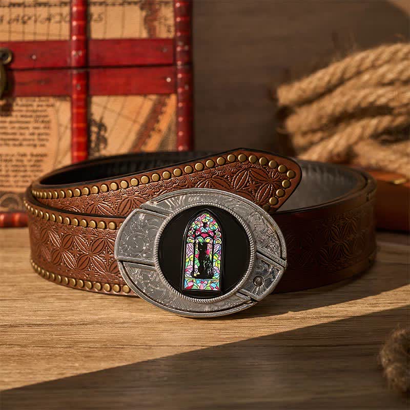 Cute Colored Window Black Cat DIY Hidden Folding Knife Buckle Leather Belt - Black Cat - Brown Rivet Belt - 42 - image 4