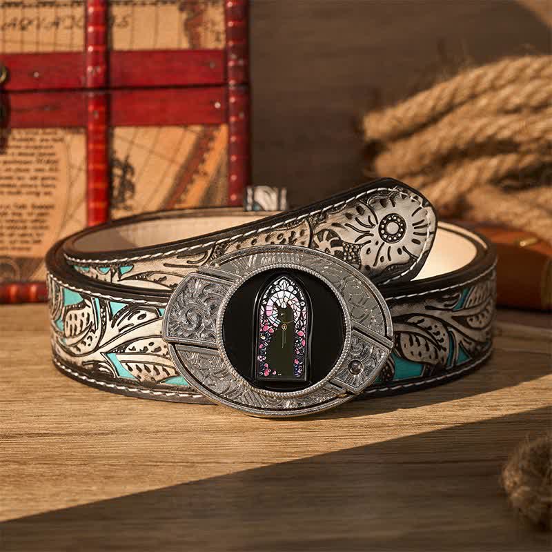 Cute Colored Window Black Cat DIY Hidden Folding Knife Buckle Leather Belt - Black Cat - Gray Floral Belt - 42 - image 8