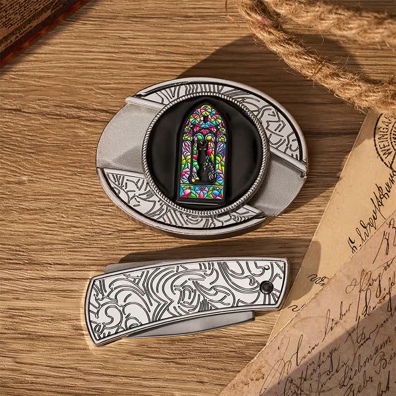 Cute Colored Window Black Cat DIY Hidden Folding Knife Buckle Leather Belt - image 9