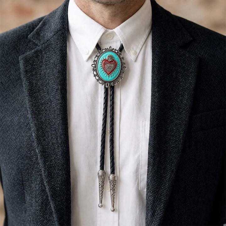 Boho Western Teal Enamel Sacred Heart Bolo Tie - image 1