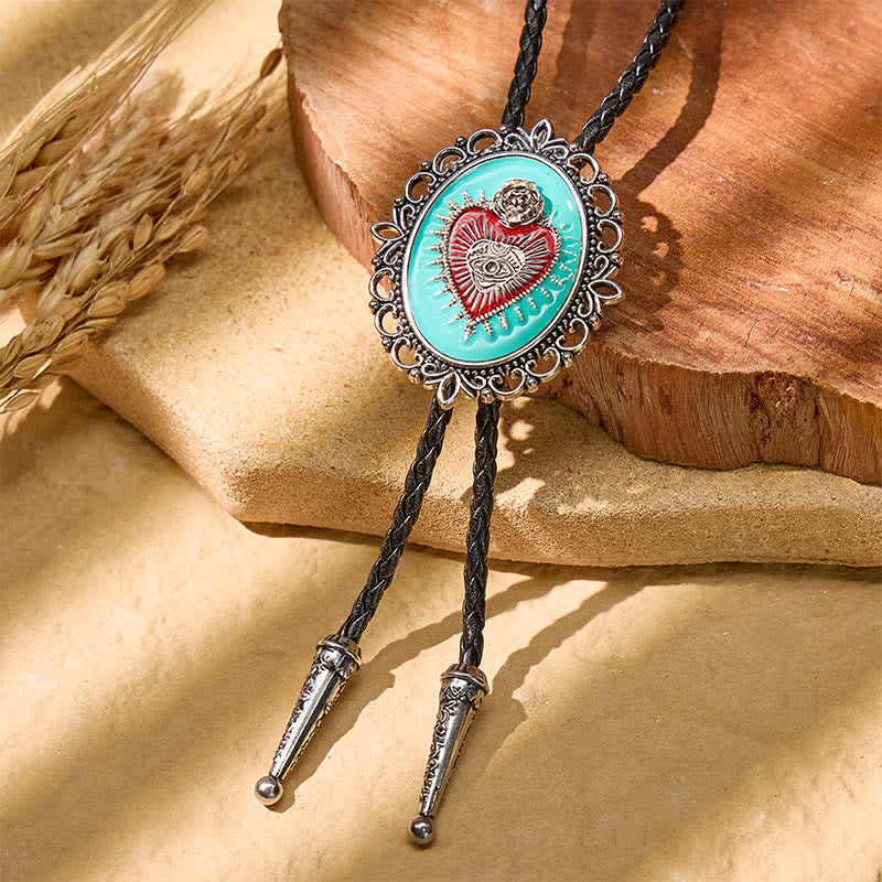 Boho Western Teal Enamel Sacred Heart Bolo Tie - Blue - image 0