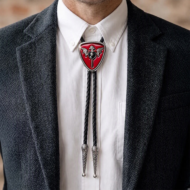 Gothic Western Winged Skull Red Enamel Bolo Tie - image 1