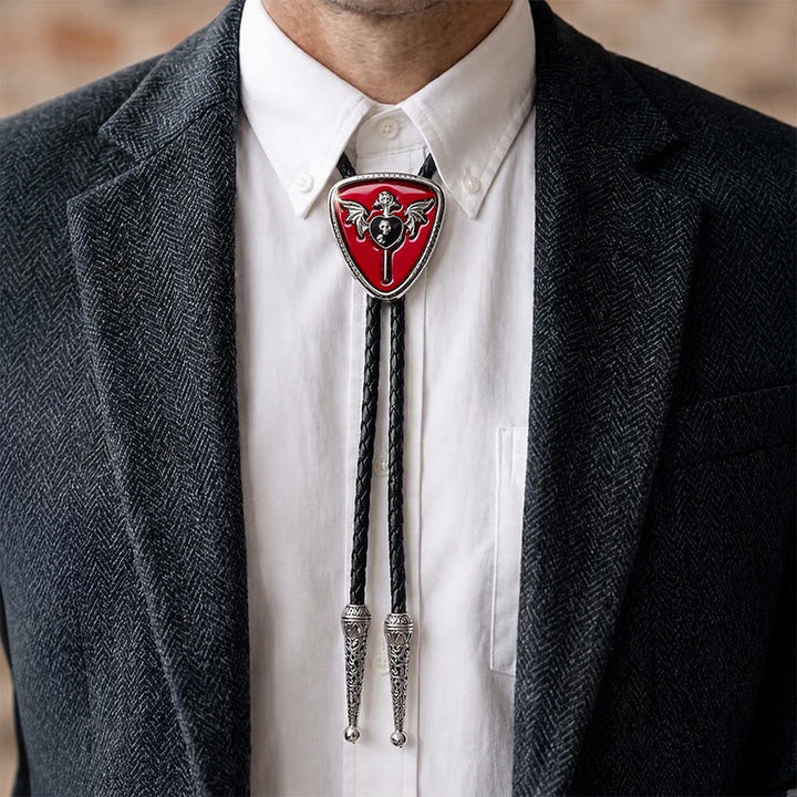Gothic Western Winged Skull Red Enamel Bolo Tie - image 1