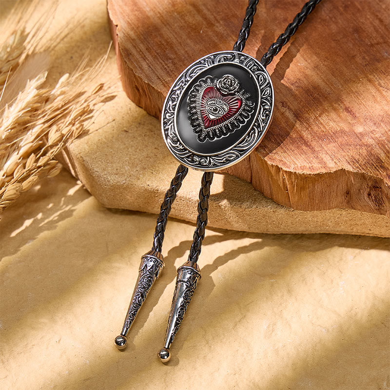 Round Red Enamel Sacred Heart Bolo Tie Vintage - Black - image 4