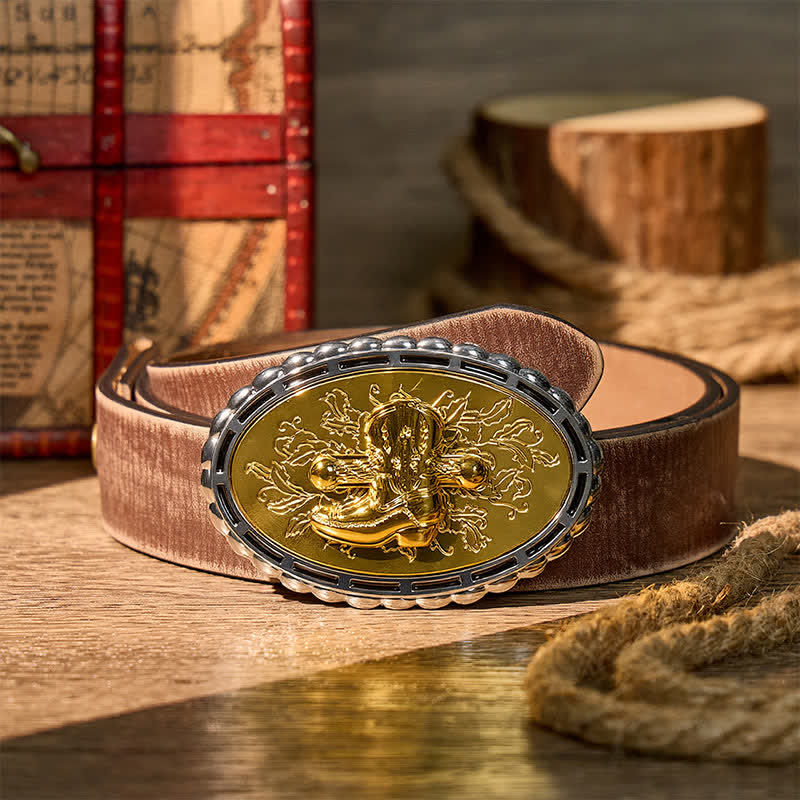 Gold Plated Cowboy Western Boot & Spur DIY Buckle Leather Belt - Gold - Brown Distressed Belt - 42 - image 5