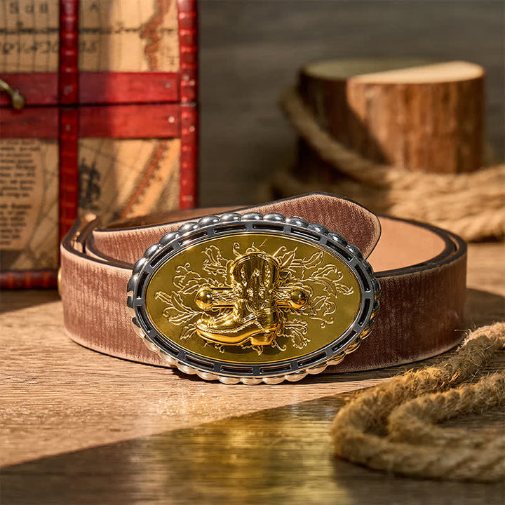 Gold Plated Cowboy Western Boot & Spur DIY Buckle Leather Belt - Gold - Brown Distressed Belt - 42 - image 5