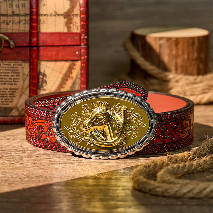Lucky Horseshoe & Horse Head DIY Gold Buckle Leather Belt - Gold - Brown Carved Belt - 42 - image 6