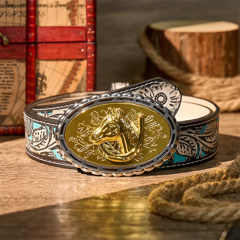 Lucky Horseshoe & Horse Head DIY Gold Buckle Leather Belt - Gold - Gray Floral Belt - 42 - image 8