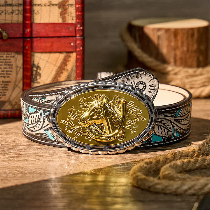 Lucky Horseshoe & Horse Head DIY Gold Buckle Leather Belt - Gold - Gray Floral Belt - 42 - image 8