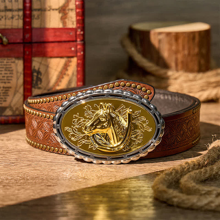 Lucky Horseshoe & Horse Head DIY Gold Buckle Leather Belt - Gold - Brown Rivet Belt - 42 - image 4