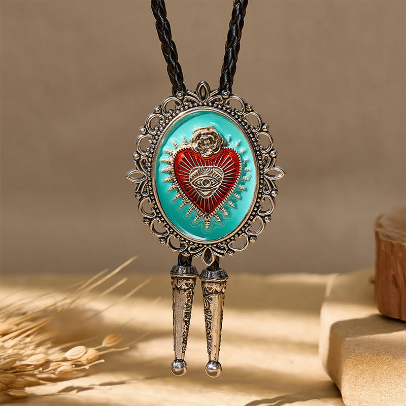 Boho Western Teal Enamel Sacred Heart Bolo Tie - image 3