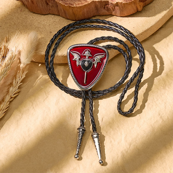 Gothic Western Winged Skull Red Enamel Bolo Tie - image 4