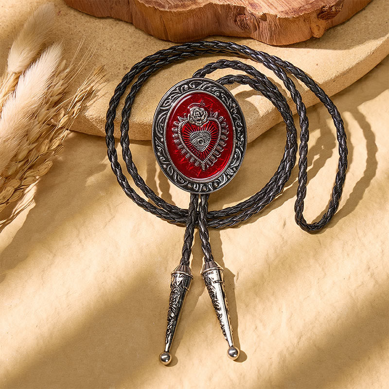 Round Red Enamel Sacred Heart Bolo Tie Vintage - image 2