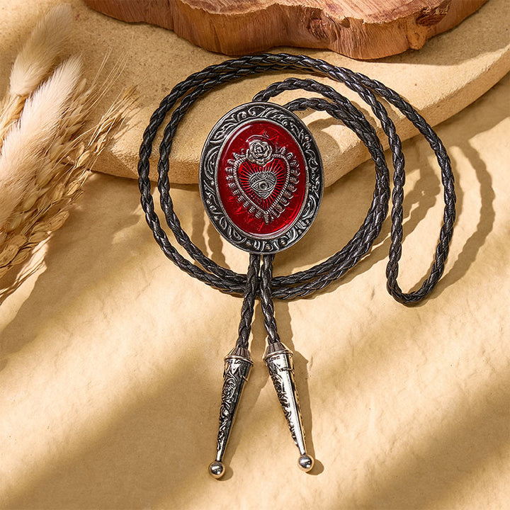 Round Red Enamel Sacred Heart Bolo Tie Vintage - image 2