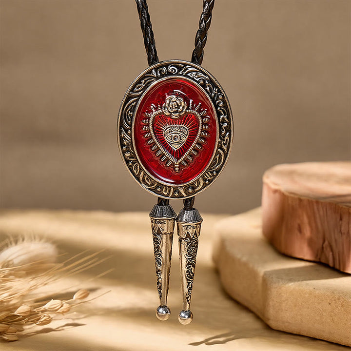 Round Red Enamel Sacred Heart Bolo Tie Vintage - image 3