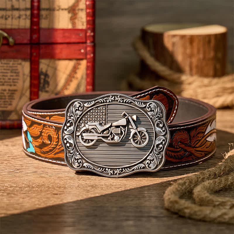 American Flag Motorcycle DIY Patriotic Biker Buckle Leather Belt - Silver - Brown Feather Belt - 40 - image 7