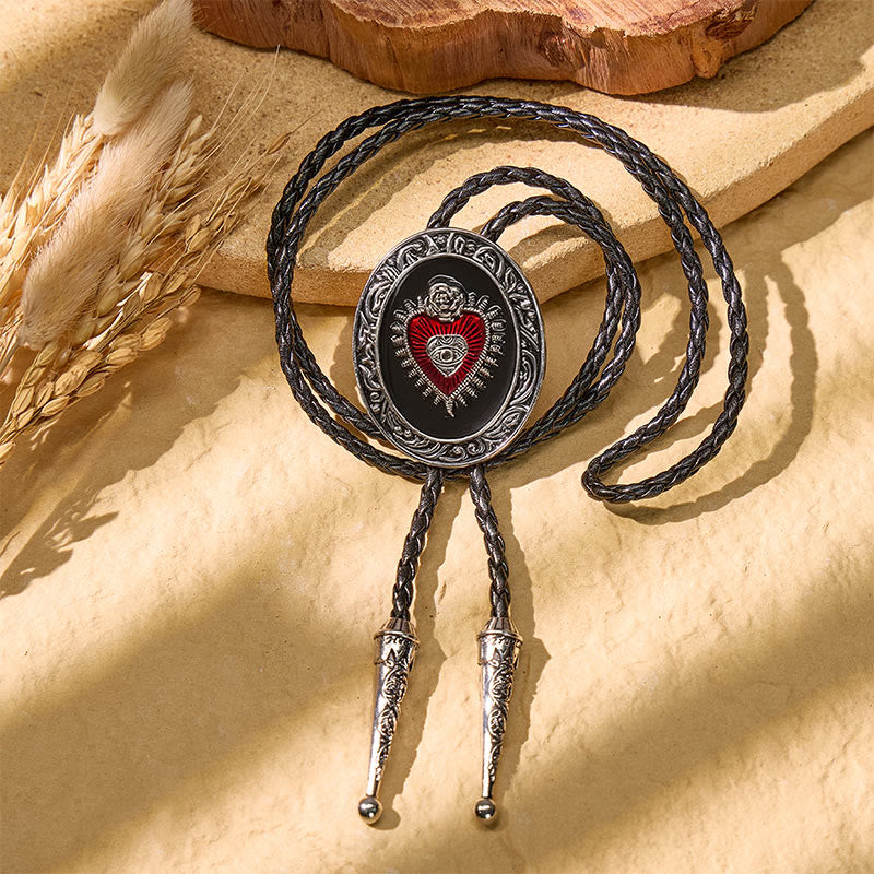Round Red Enamel Sacred Heart Bolo Tie Vintage - image 5