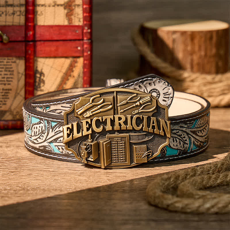 Electrician Tools Panel Pattern DIY Buckle Leather Belt - Bronze - Gray Floral Belt - 42 - image 8