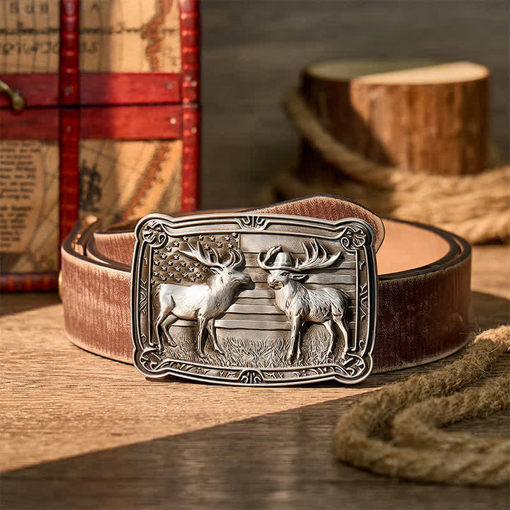 Patriotic Wildlife Two Elks Duel Western DIY Buckle Leather Belt - Silver - Brown Distressed Belt - 42 - image 5