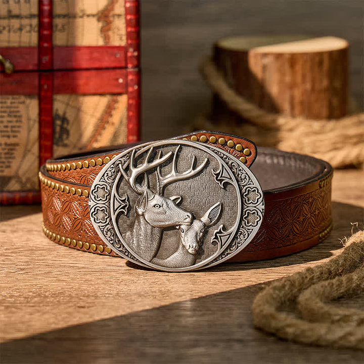 Majestic Love Stag And Doe DIY Buckle Leather Belt - Silver - Brown Rivet Belt - 42 - image 4