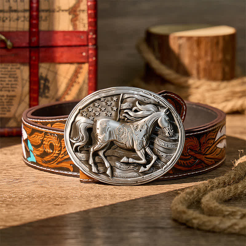 Freedom Gallop Patriotic American Flag DIY Buckle Leather Belt - Silver - Brown Feather Belt - 40 - image 7