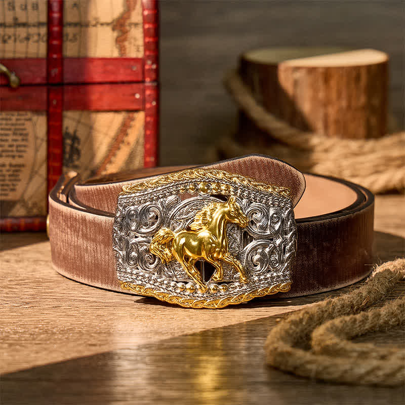 Two-Tone Western Bronco Rider & Wild Horse DIY Buckle Leather Belt - Wild Horse - Brown Distressed Belt - 42 - image 5