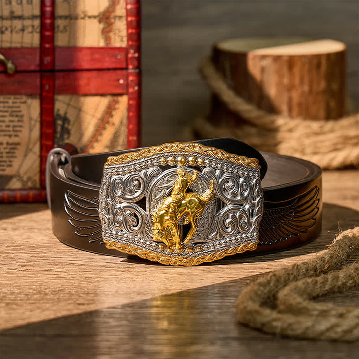 Two-Tone Western Bronco Rider & Wild Horse DIY Buckle Leather Belt - Bronco Rider - Black Embossed Eagle Belt - 42 - image 11