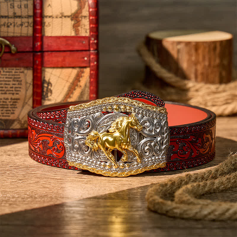 Two-Tone Western Bronco Rider & Wild Horse DIY Buckle Leather Belt - Wild Horse - Brown Carved Belt - 42 - image 6
