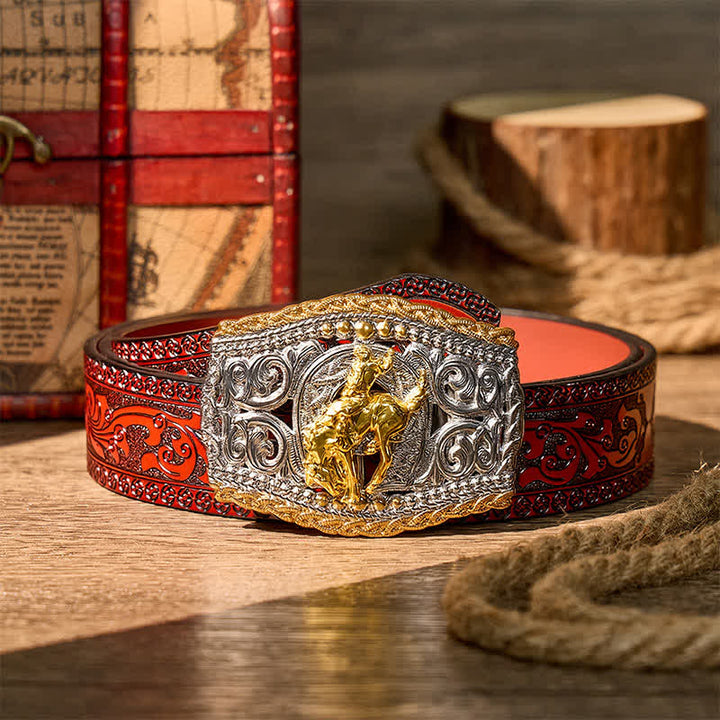 Two-Tone Western Bronco Rider & Wild Horse DIY Buckle Leather Belt - Bronco Rider - Brown Carved Belt - 42 - image 15