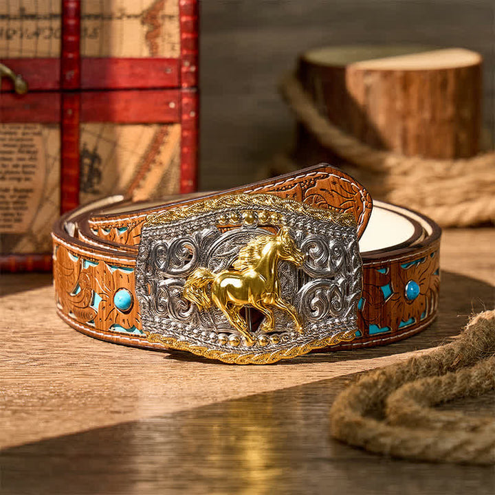 Two-Tone Western Bronco Rider & Wild Horse DIY Buckle Leather Belt - Wild Horse - Turquoise Carved Belt - 42 - image 3