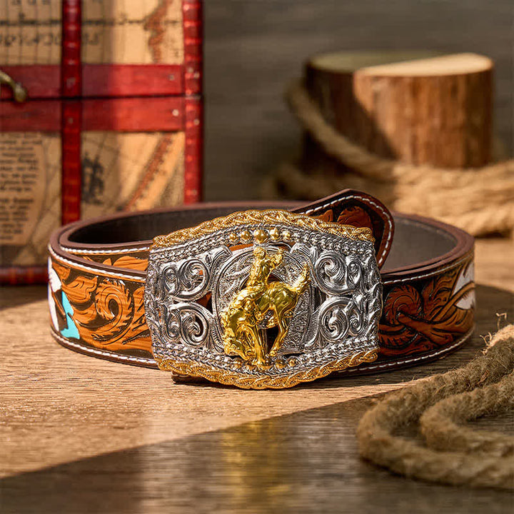 Two-Tone Western Bronco Rider & Wild Horse DIY Buckle Leather Belt - Bronco Rider - Brown Feather Belt - 40 - image 16