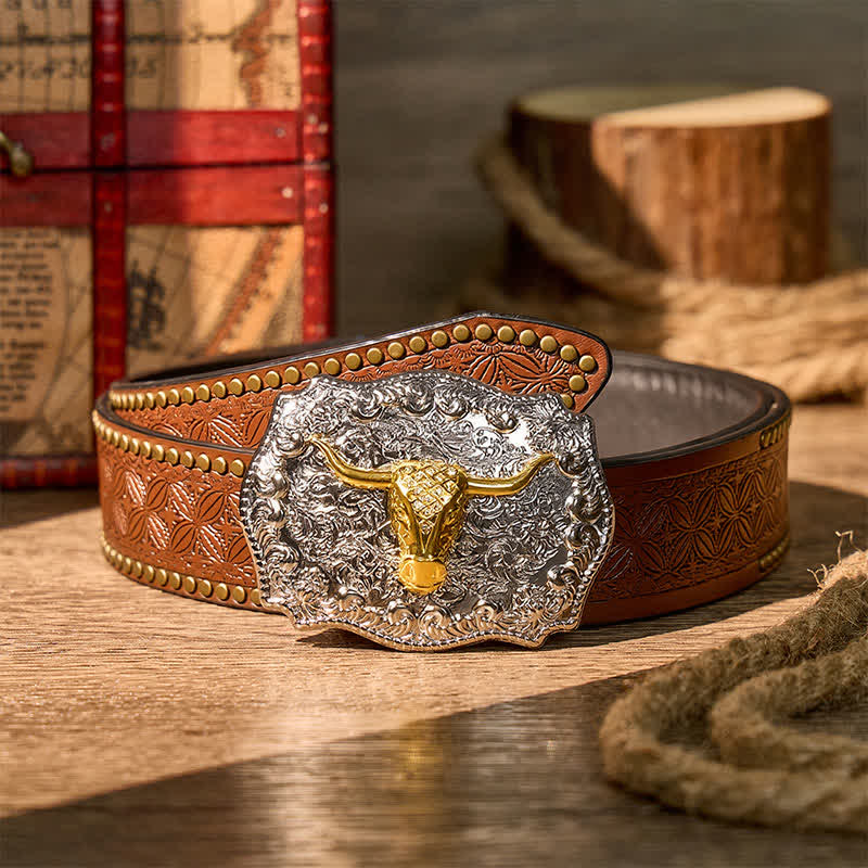 Shiny Longhorn Legacy Western Cowboy DIY Buckle Leather Belt - Gold - Brown Rivet Belt - 42 - image 4