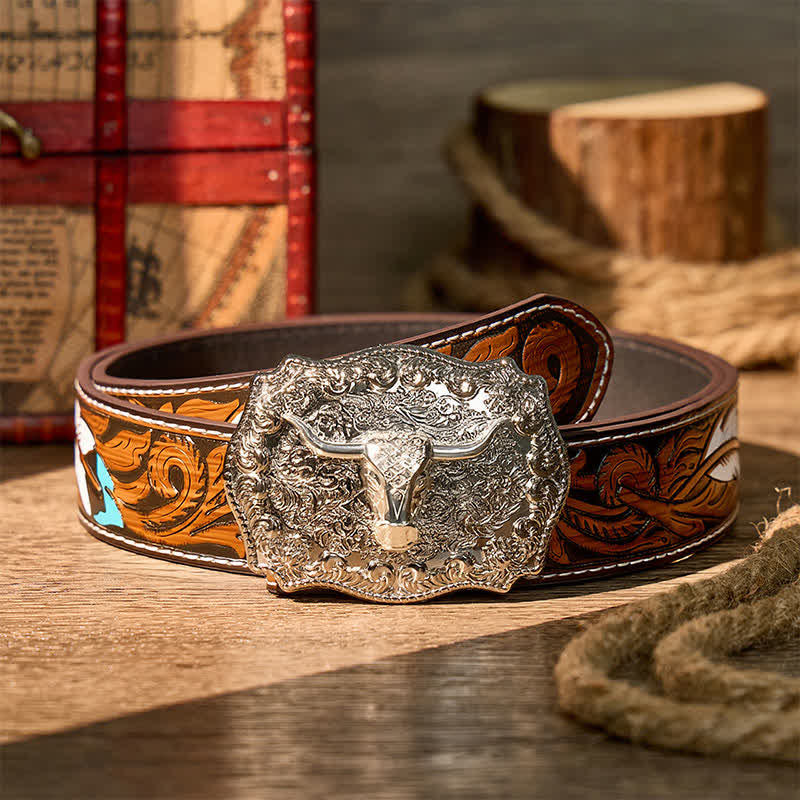 Shiny Longhorn Legacy Western Cowboy DIY Buckle Leather Belt - Silver - Brown Feather Belt - 40 - image 16