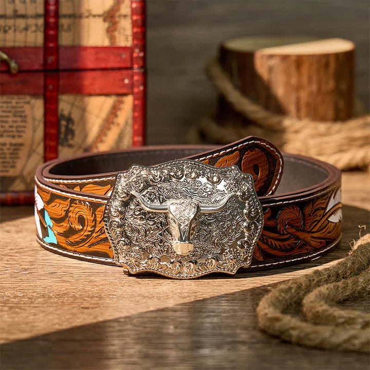 Shiny Longhorn Legacy Western Cowboy DIY Buckle Leather Belt - Silver - Brown Feather Belt - 40 - image 16