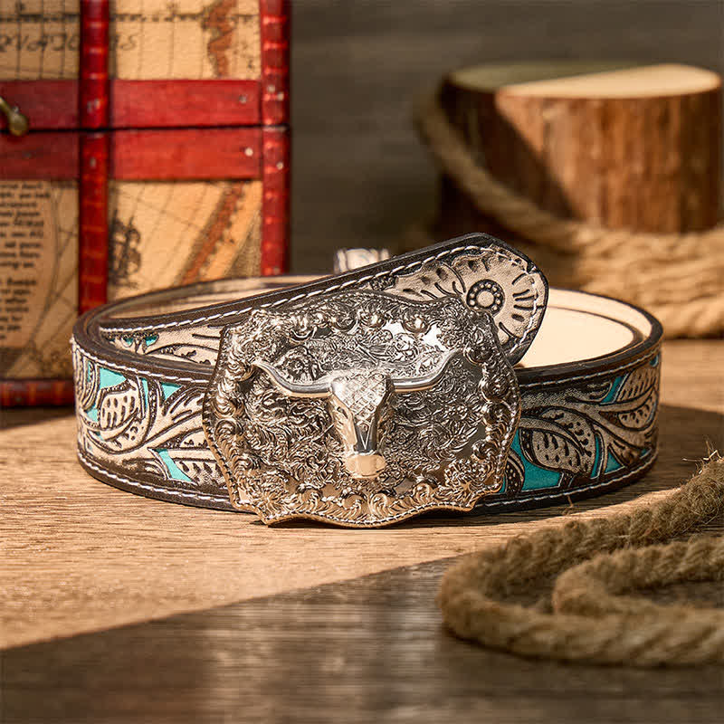 Shiny Longhorn Legacy Western Cowboy DIY Buckle Leather Belt - Silver - Gray Floral Belt - 42 - image 17