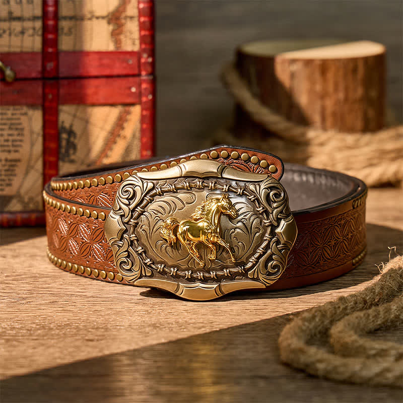 Born To Run Cowboy Rodeo Horse DIY Buckle Leather Belt - Bronze - Brown Rivet Belt - 42 - image 4