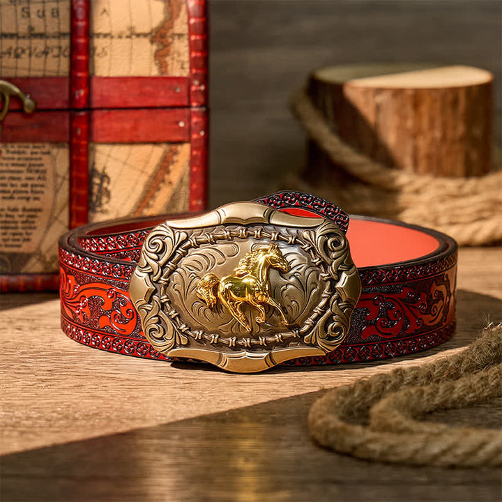 Born To Run Cowboy Rodeo Horse DIY Buckle Leather Belt - Bronze - Brown Carved Belt - 42 - image 6
