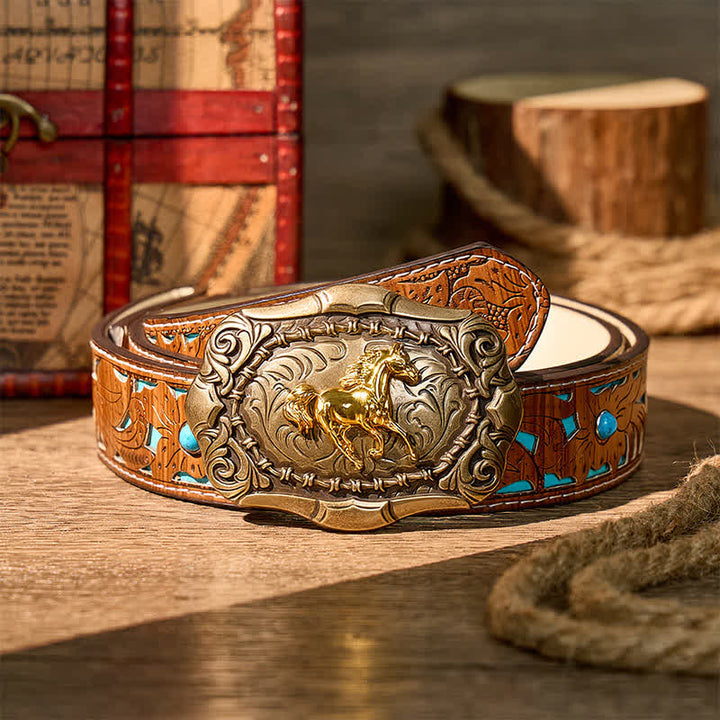 Born To Run Cowboy Rodeo Horse DIY Buckle Leather Belt - Bronze - Turquoise Carved Belt - 42 - image 3