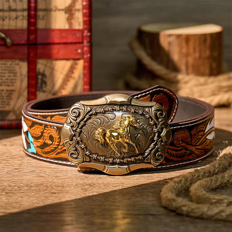 Born To Run Cowboy Rodeo Horse DIY Buckle Leather Belt - Bronze - Brown Feather Belt - 40 - image 7