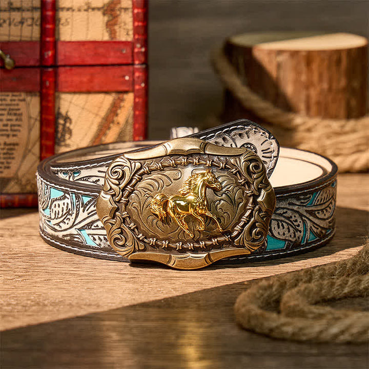 Born To Run Cowboy Rodeo Horse DIY Buckle Leather Belt - Bronze - Gray Floral Belt - 42 - image 8