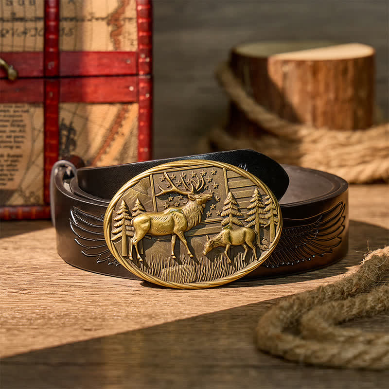 Patriotic Wildlife Elk With American Flag DIY Buckle Leather Belt - Bronze - Black Embossed Eagle Belt - 42 - image 2