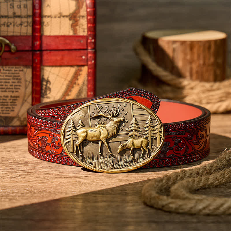 Patriotic Wildlife Elk With American Flag DIY Buckle Leather Belt - Bronze - Brown Carved Belt - 42 - image 6